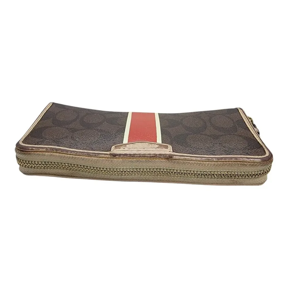 Coach Signature Zip Around Long Wallet Heritage Stripe Brown Red Canvas